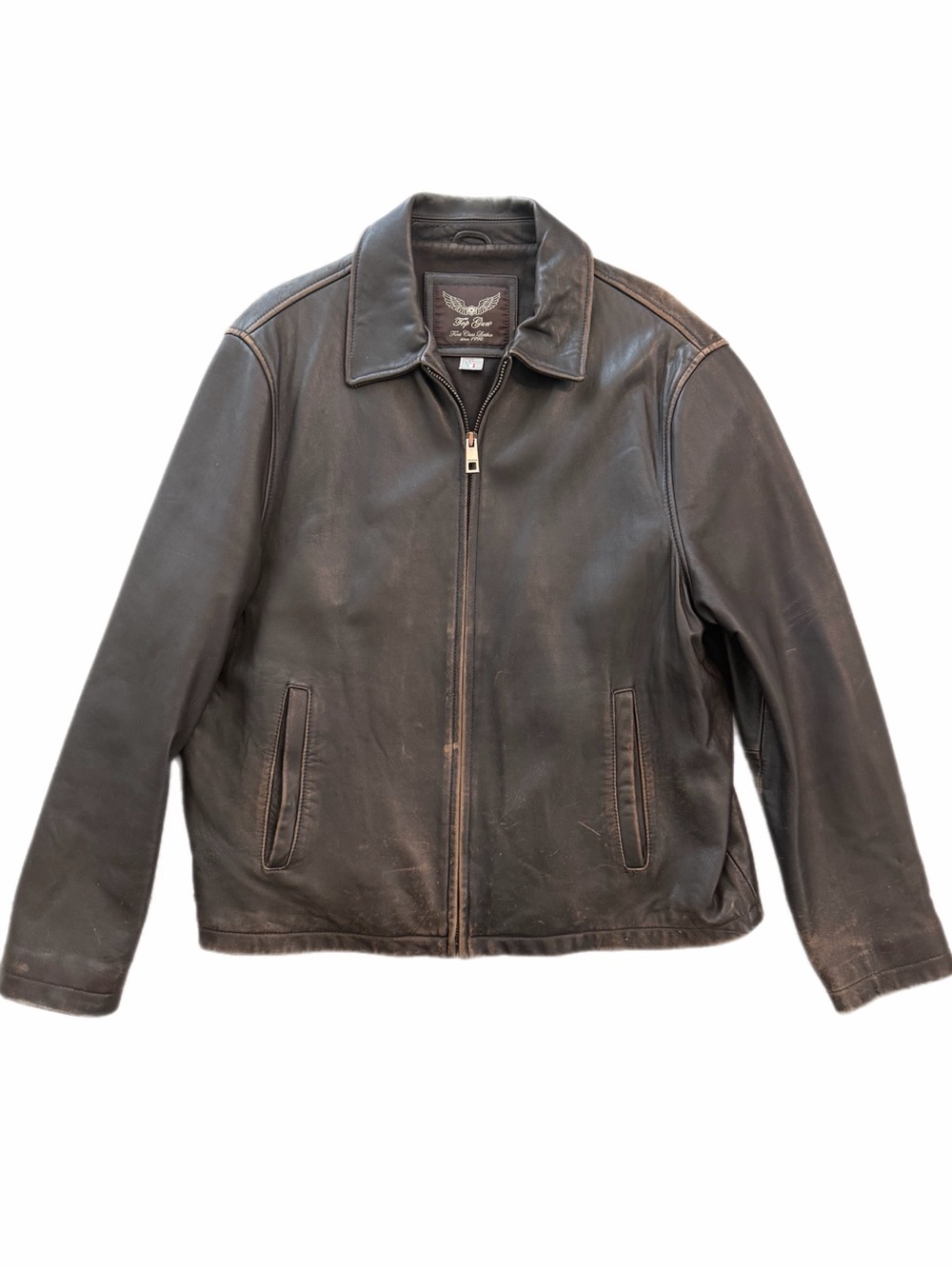 Vintage Top Gun First Class Genuine Leather Brown Distressed Jacket Men’s XL